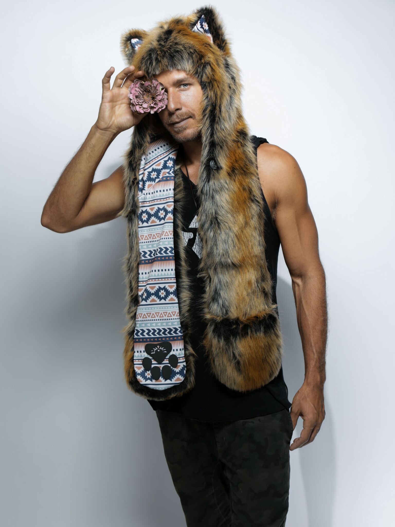Man wearing faux fur Santa Fe Wolf  Collector Edition SpiritHood