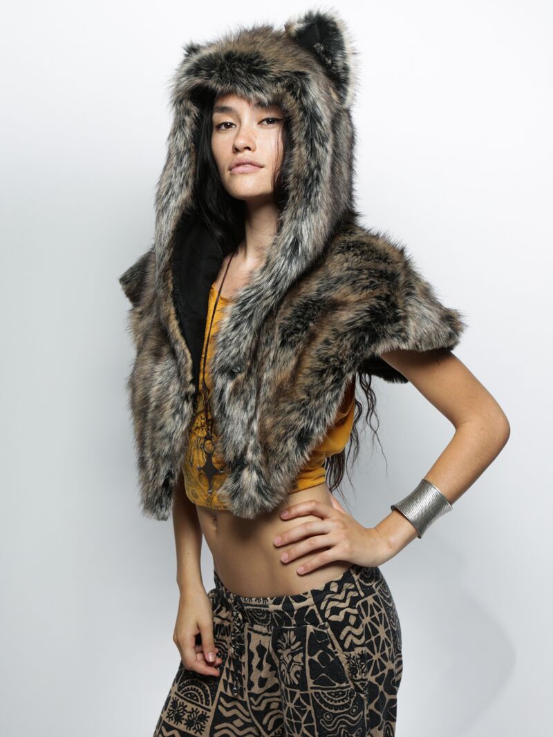 Dire Wolf Faux Fur Shawl with Hood on Female Model