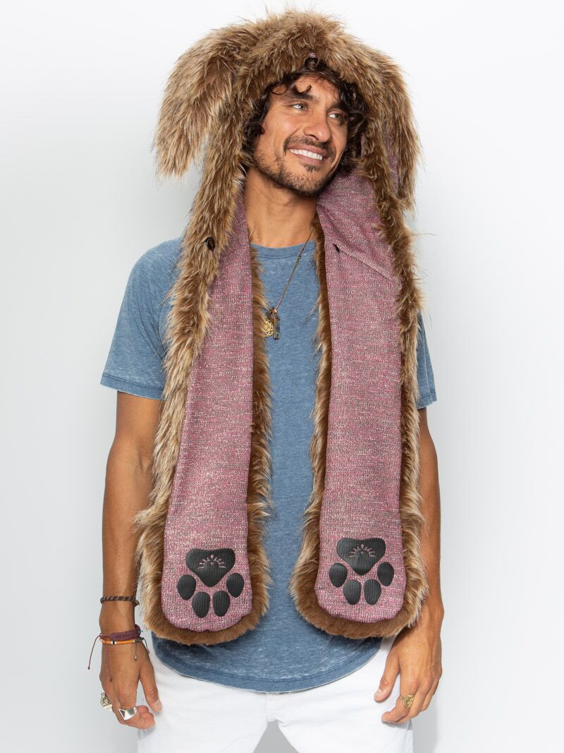Man wearing faux fur CinnaBunny Collector Edition SpiritHood, front view 5
