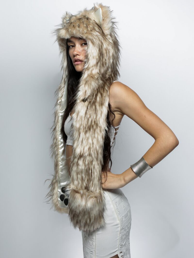 Woman wearing faux fur Platinum Fox CE SpiritHood, side view