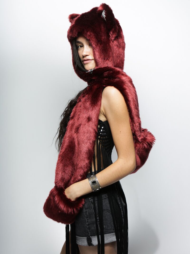 Woman wearing faux fur Collector Edition Fire Wolf SpiritHoods, side view
