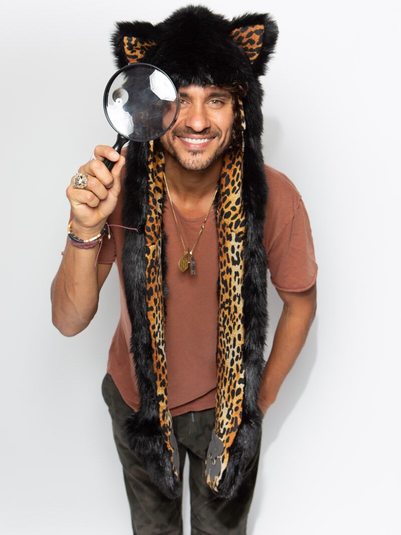 Man wearing faux fur Black Cat Collector Edition SpiritHood, front view 5