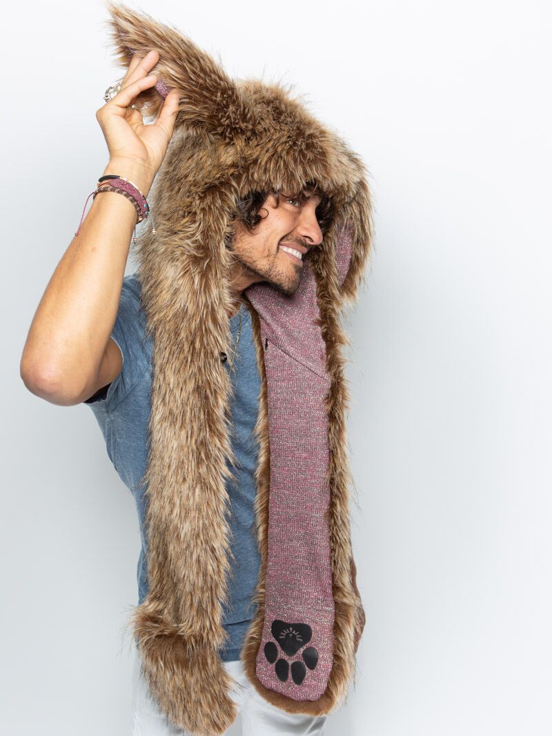 Man wearing faux fur CinnaBunny Collector Edition SpiritHood, side view 1