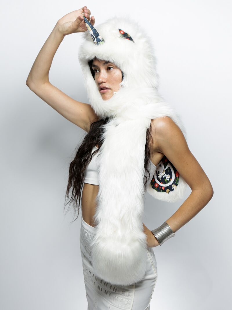 Woman wearing faux fur Unicorn CE SpiritHood, side view 1