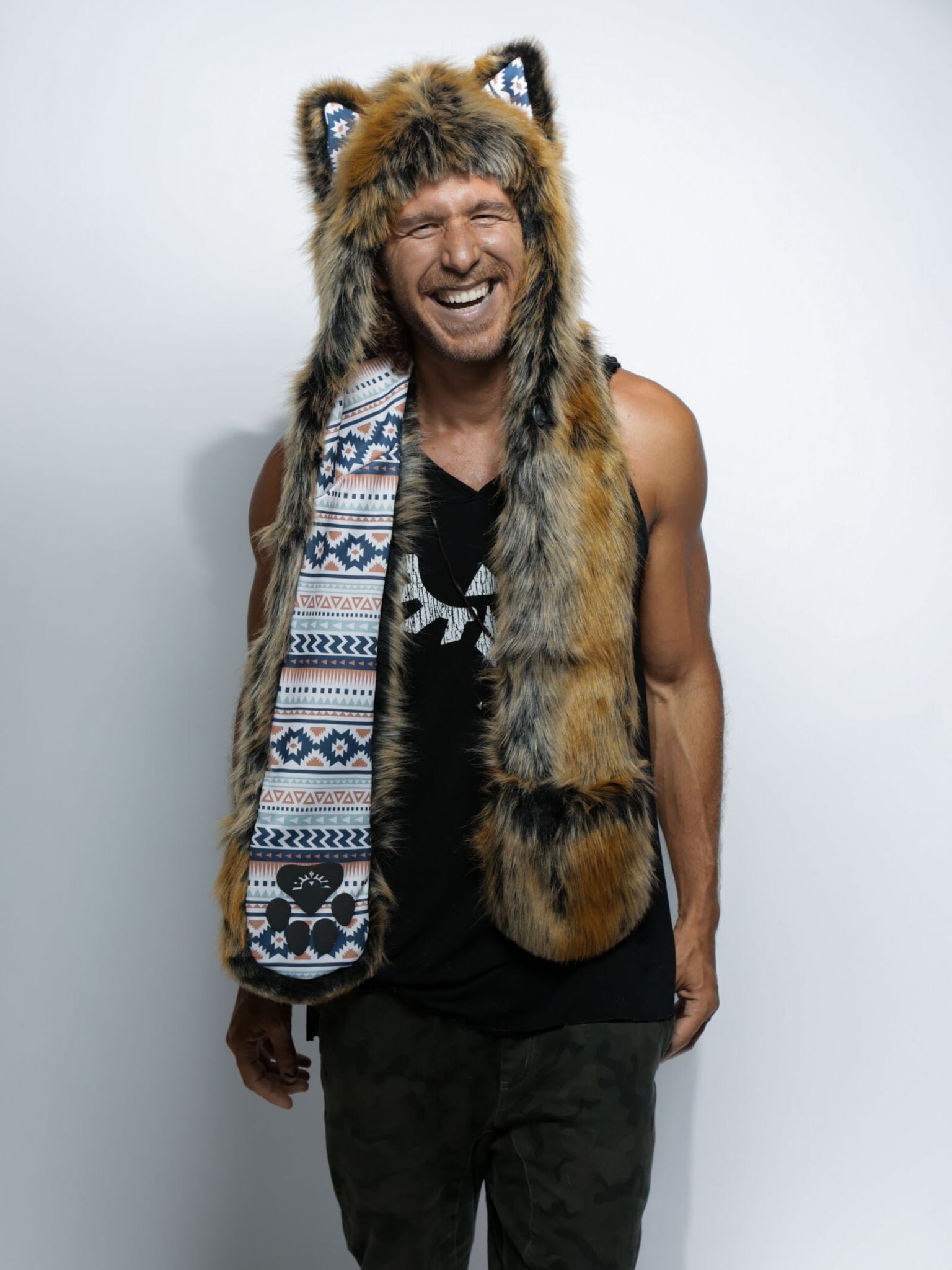Man wearing faux fur Santa Fe Wolf  Collector Edition SpiritHood, front view 