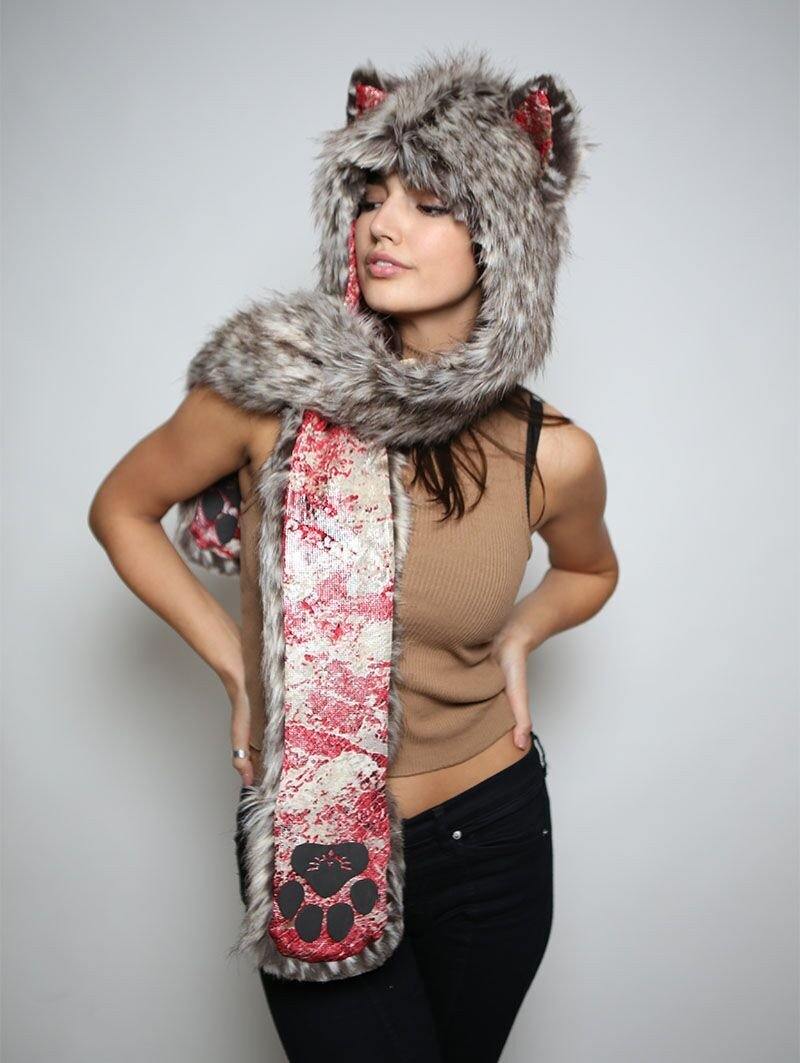 Woman wearing Silver Coyote Collectors Edition SpiritHood, front view 2
