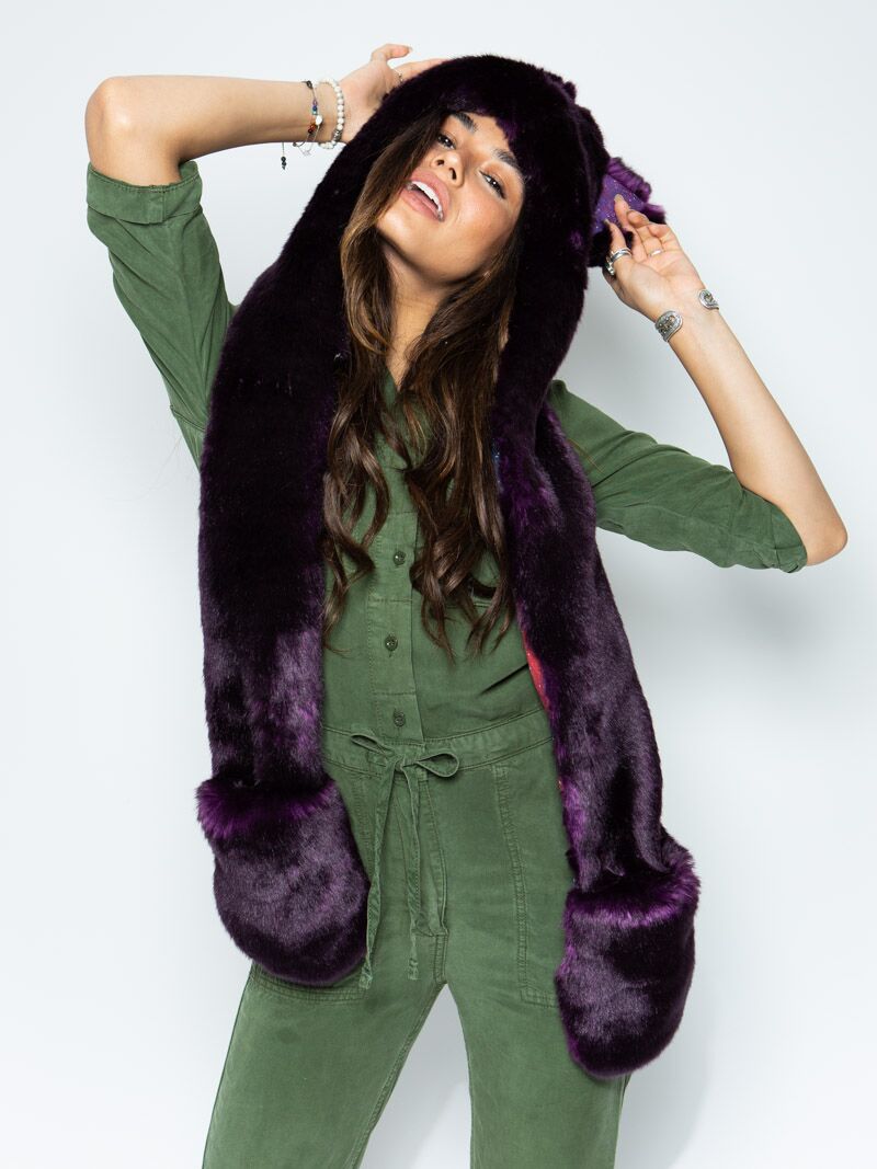 Midnight Wolf Galaxy Limited Edition Hooded Faux Fur on Female Model