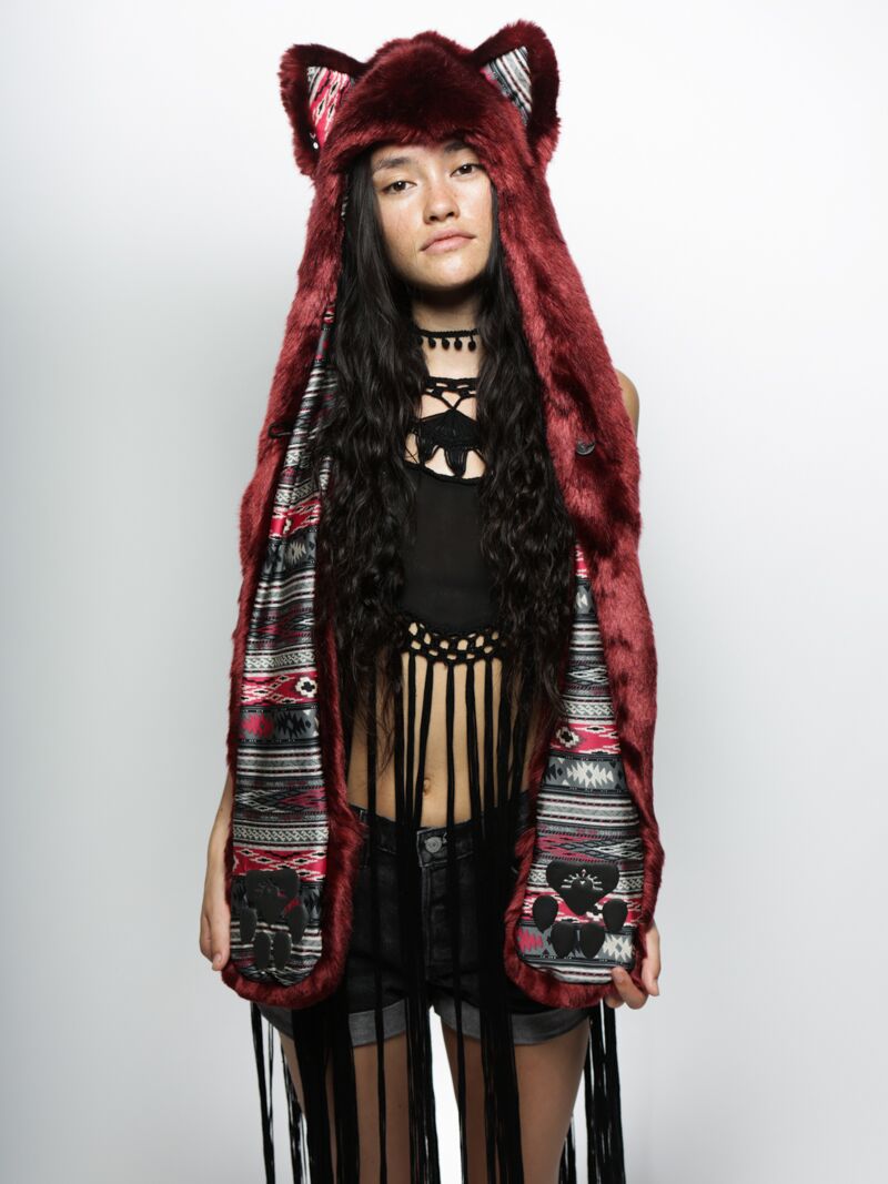 Woman wearing faux fur Collector Edition Fire Wolf SpiritHoods