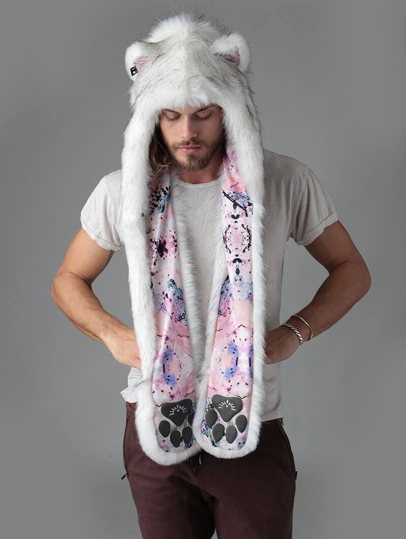 Man wearing faux fur Husky Pastel Dreams Collector Edition SpiritHood