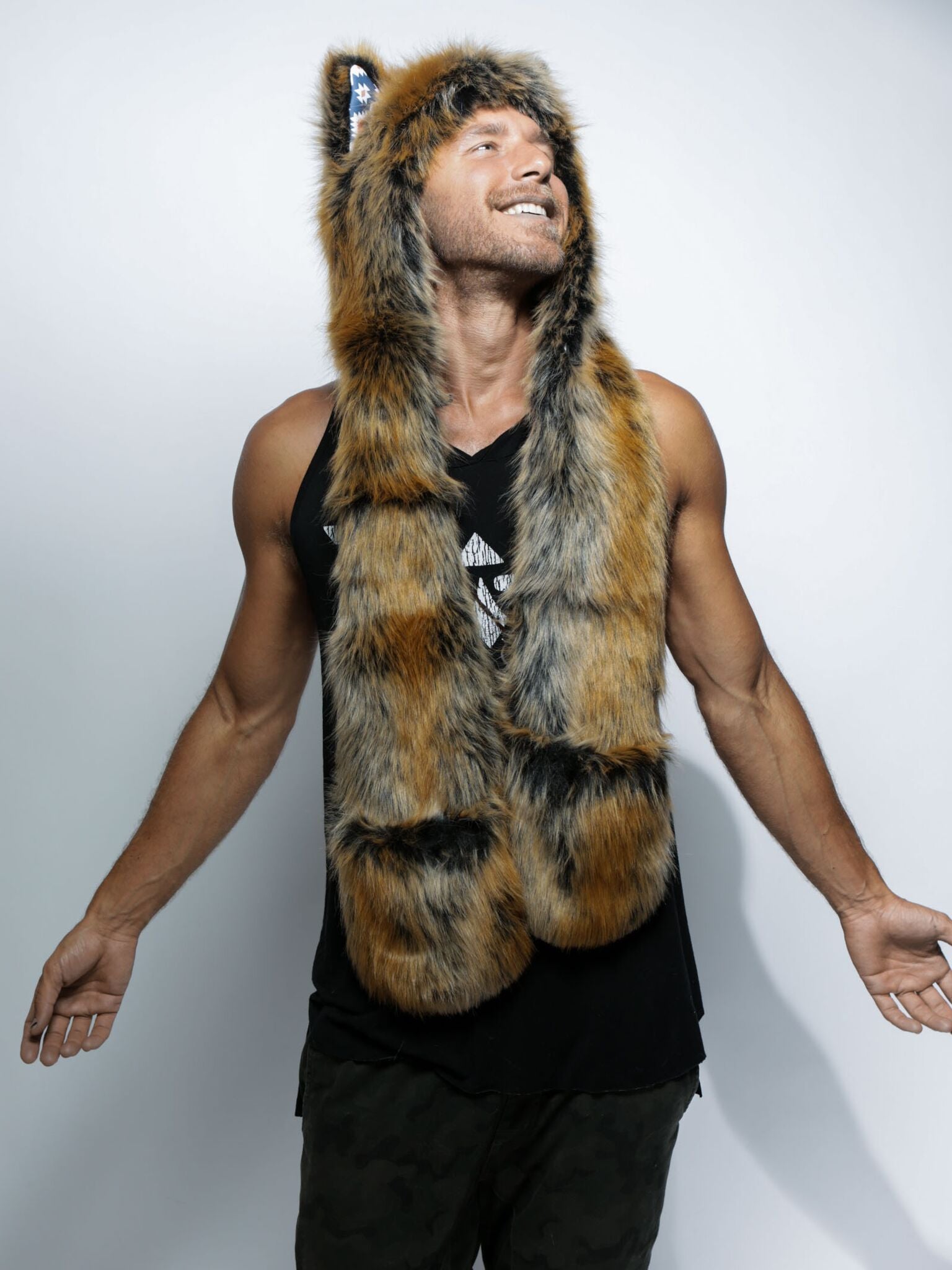 Man wearing faux fur Santa Fe Wolf  Collector Edition SpiritHood, front view 1