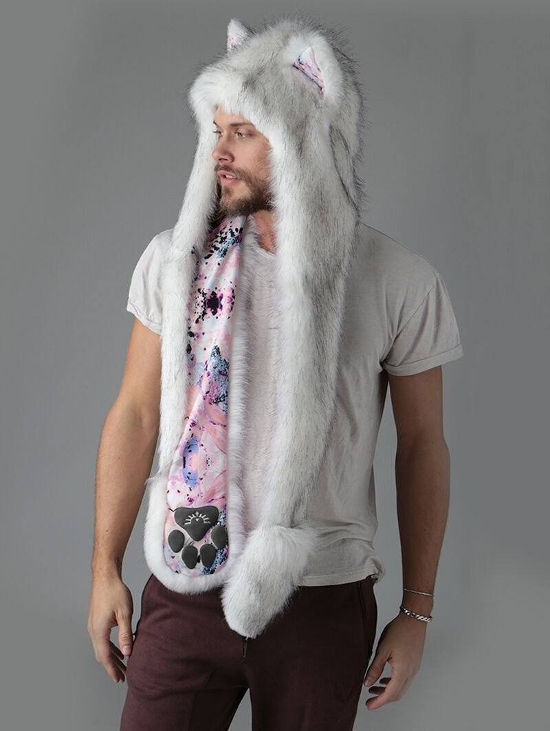 Man wearing faux fur Husky Pastel Dreams Collector Edition SpiritHood, side view