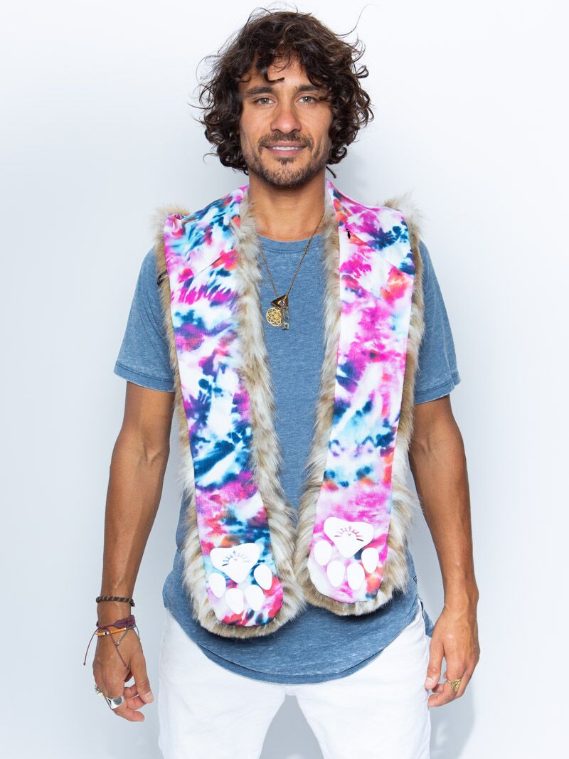 Man wearing faux fur Catleidoscope Collector Edition SpiritHood, front view 4