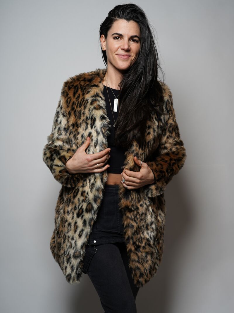 V-Neck Faux Fur Coat with Leopard Design