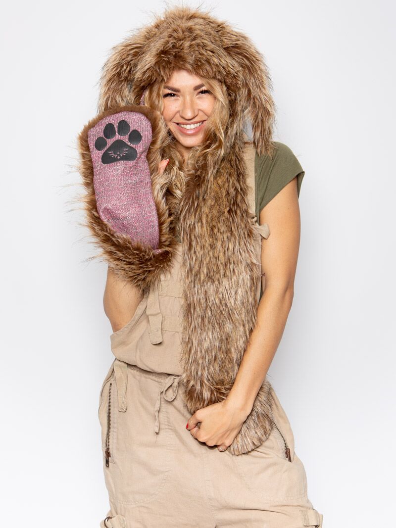Woman wearing faux fur CinnaBunny Collector Edition SpiritHood, front view