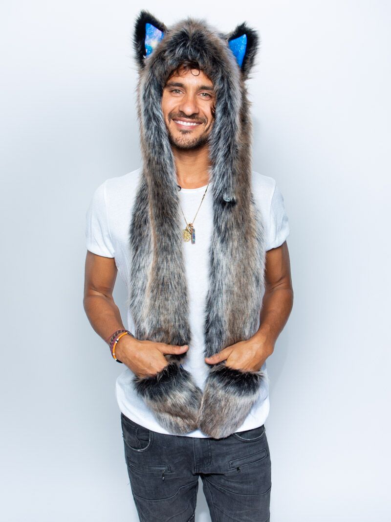Man wearing faux fur Grey Wolf Galaxy Collector Edition SpiritHood, front view 5