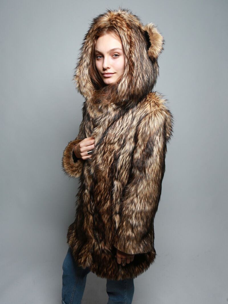 Grizzly Faux Fur Coat with Hood on Female