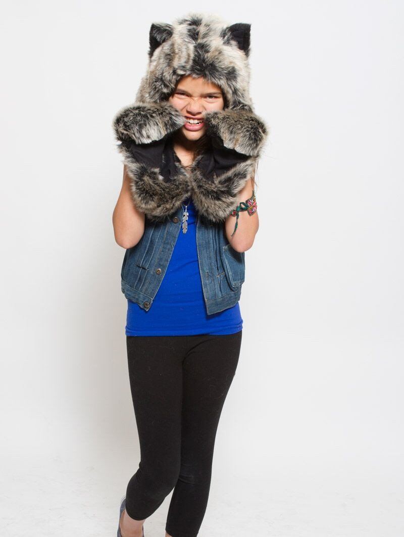 Kids Grey Wolf Faux Fur with Hood on Girl