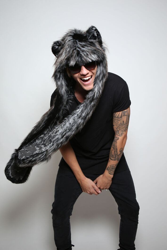 Man wearing faux fur Night Fox Collectors Edition SpiritHood