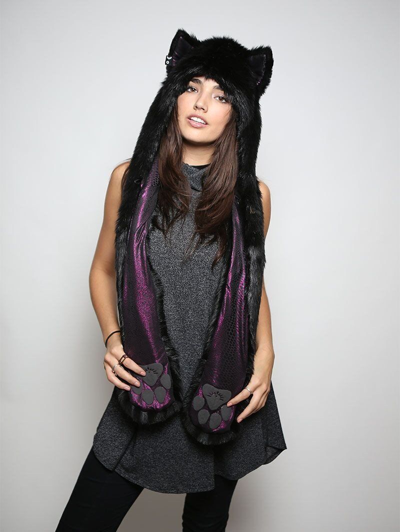 Woman wearing Faux Fur Black Wolf Collectors SpiritHood, front view
