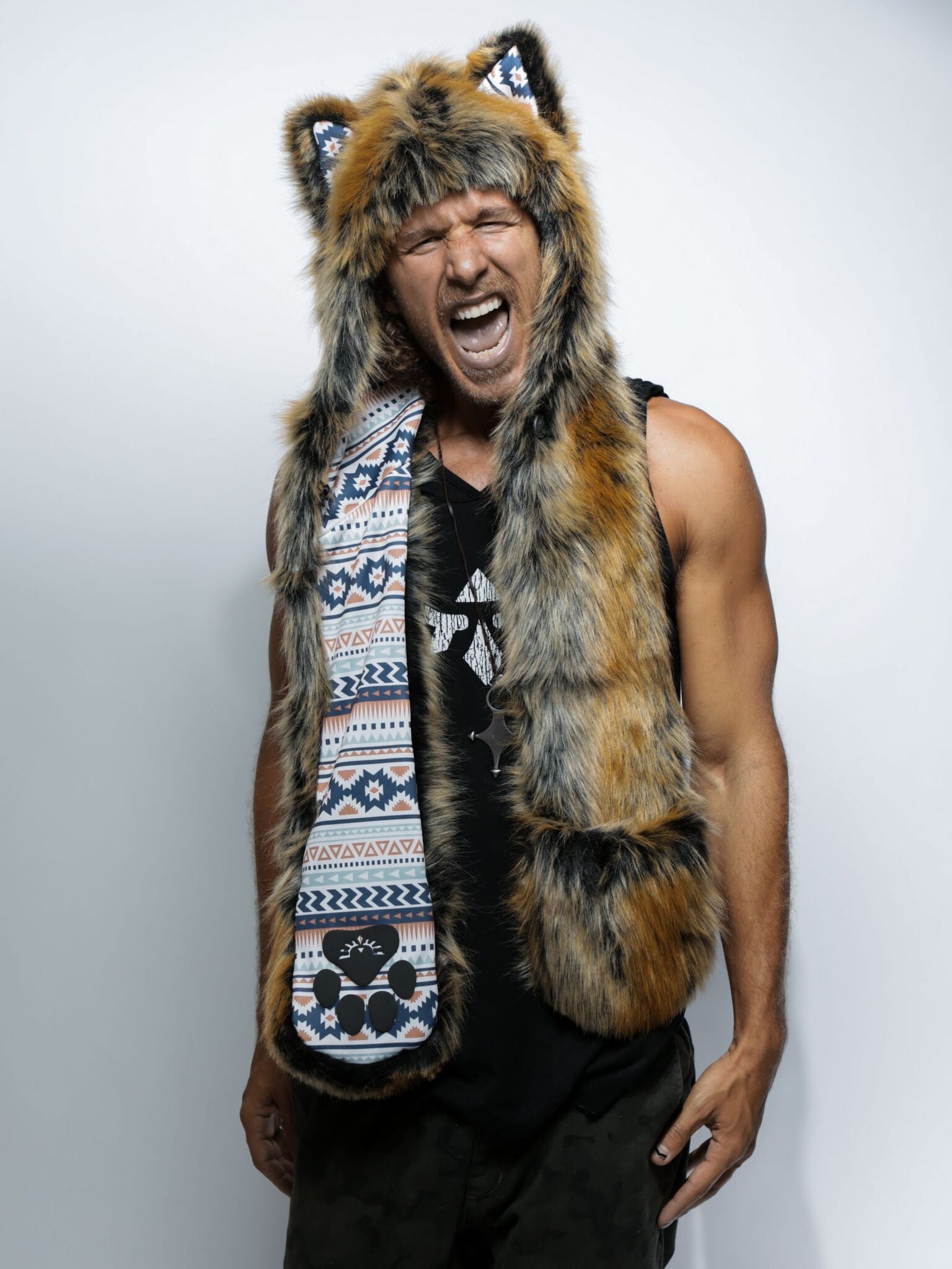 Man wearing faux fur Santa Fe Wolf  Collector Edition SpiritHood, front view 3