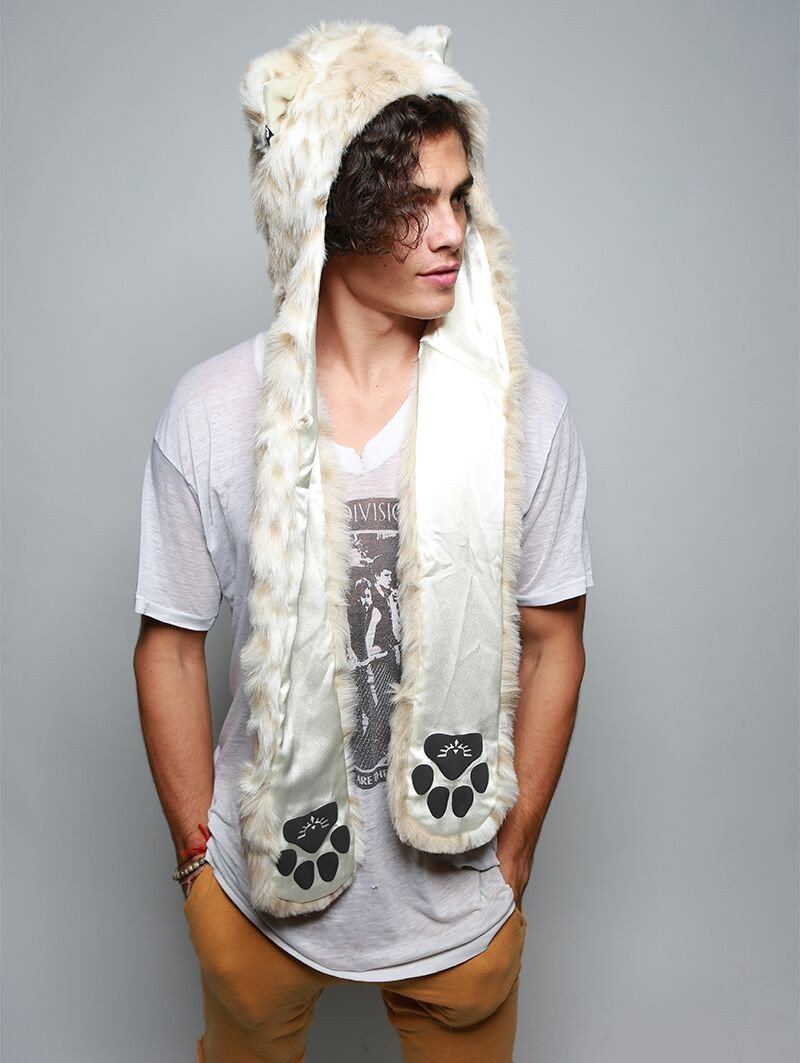 Man wearing Snow Leopard Faux Fur SpiritHood, side view