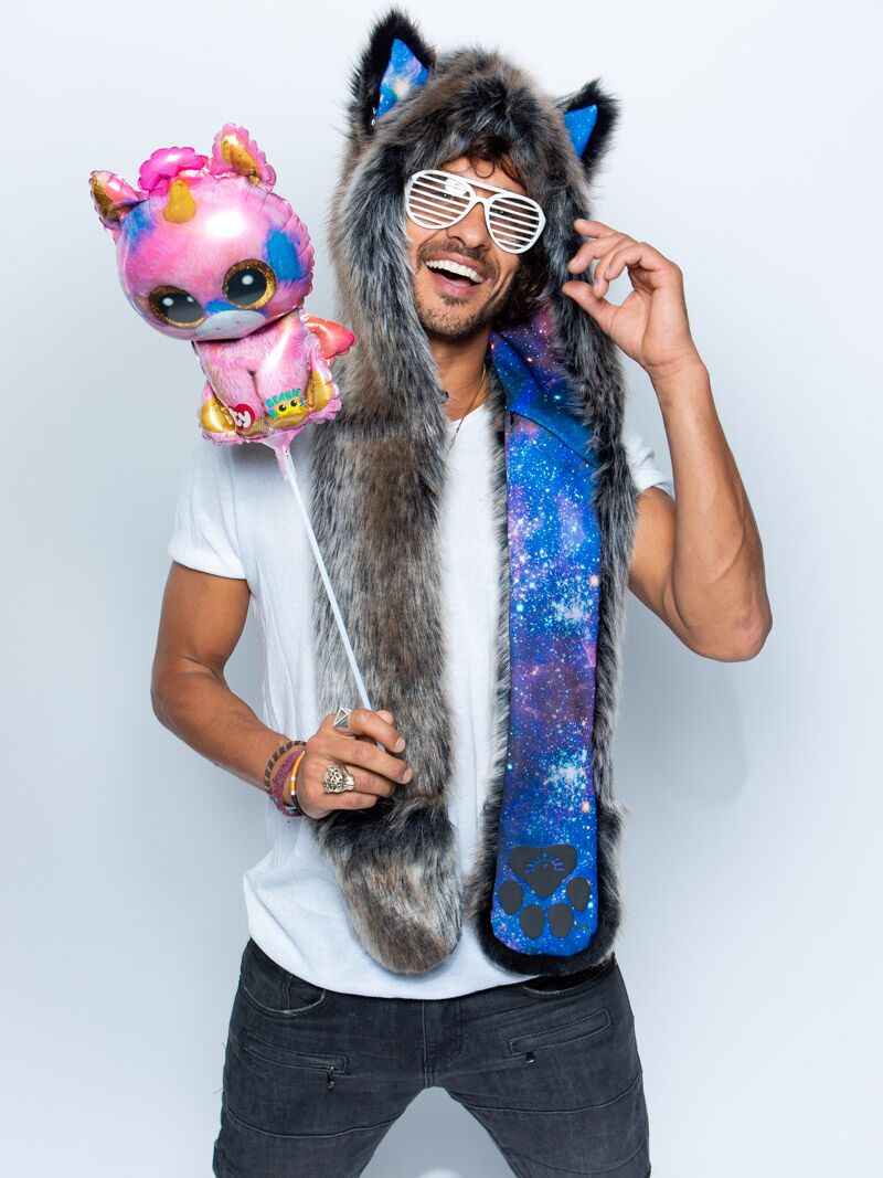 Man wearing faux fur Grey Wolf Galaxy Collector Edition SpiritHood, front view