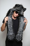 Man wearing faux fur Night Fox Collectors Edition SpiritHood, front view