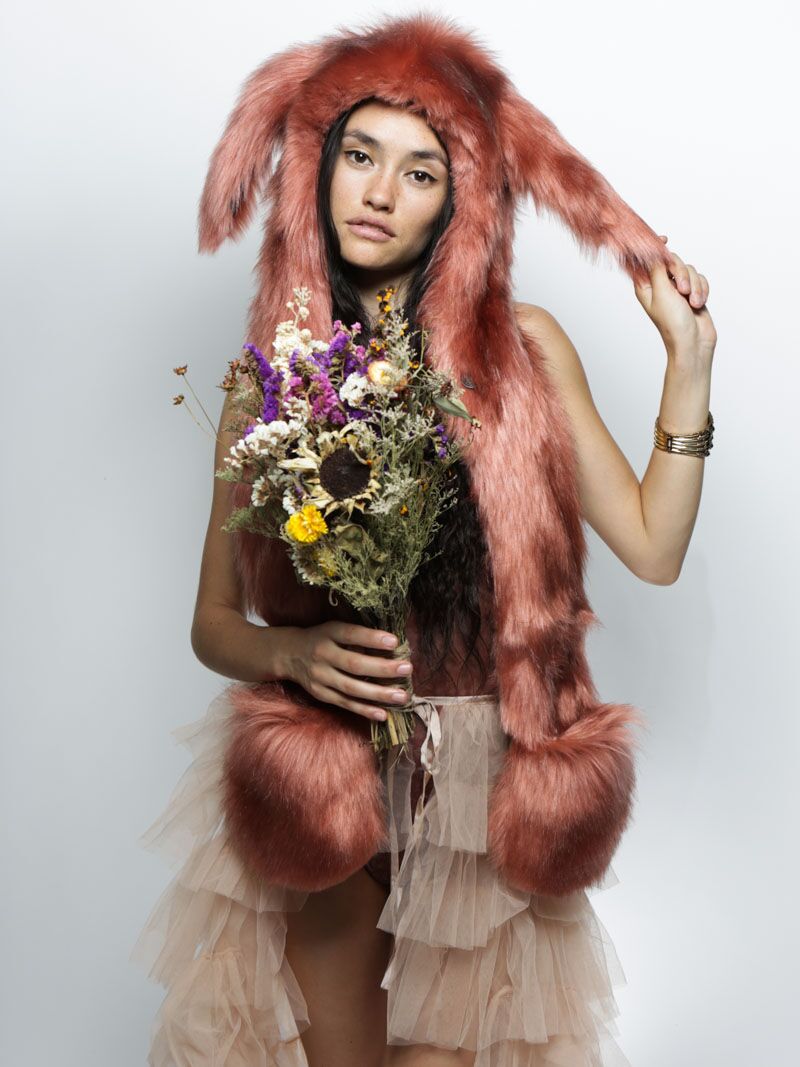 Female Wearing Hooded Faux Fur Collector Edition Rose Quartz Bunny Design