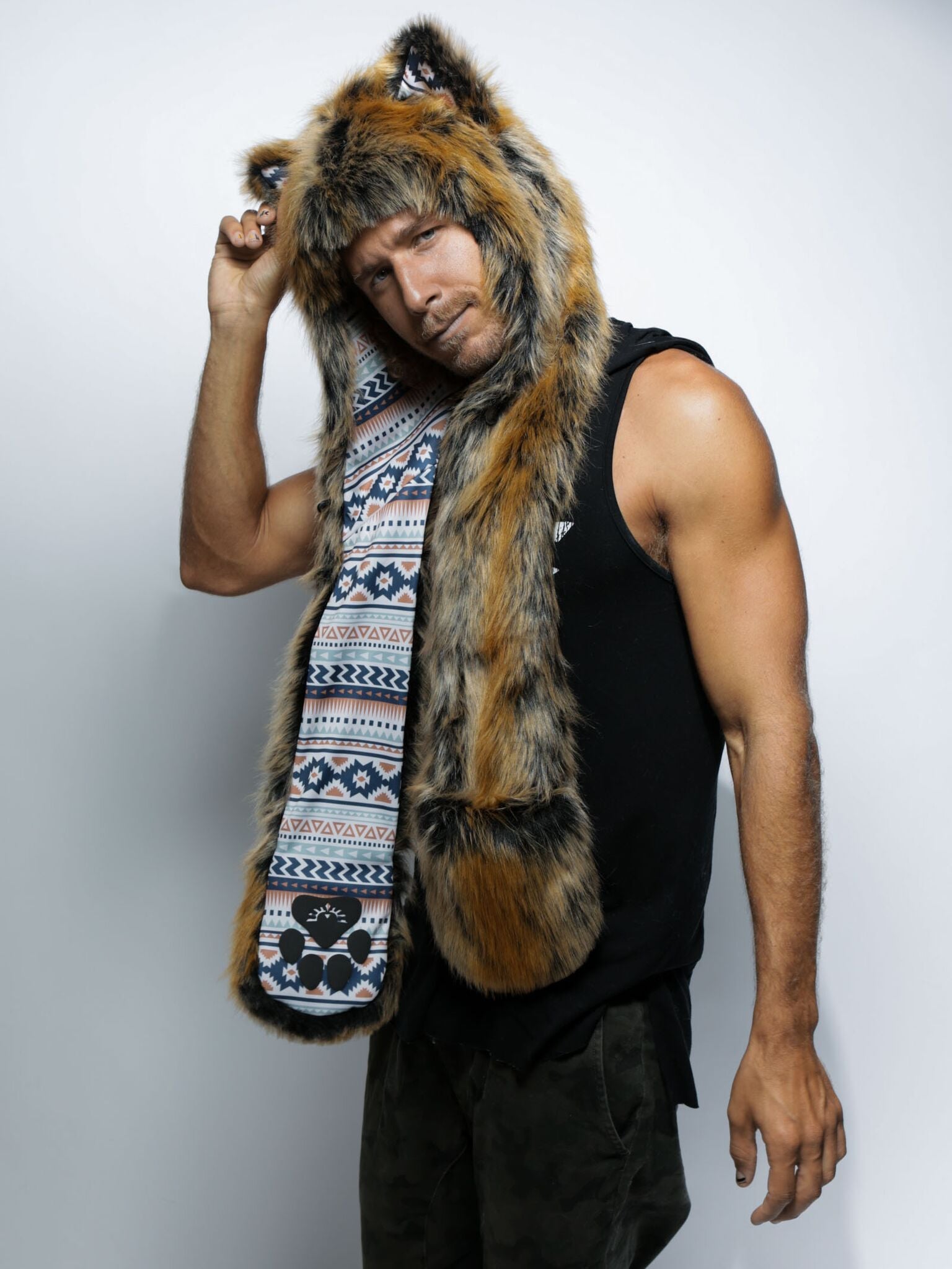 Man wearing faux fur Santa Fe Wolf  Collector Edition SpiritHood, side view
