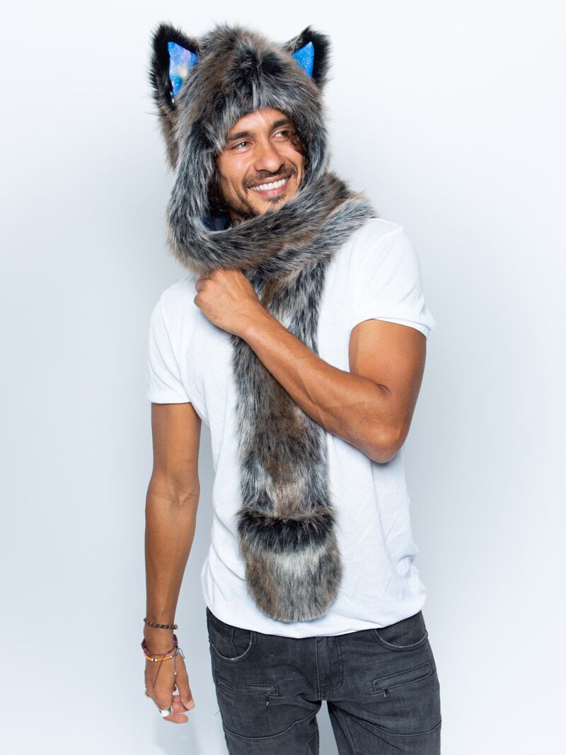 Man wearing faux fur Grey Wolf Galaxy Collector Edition SpiritHood, front view 3