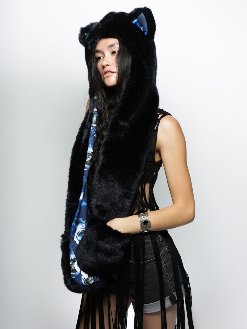 Hooded Faux Fur with CatsInSpace Midnight Catstronaut CE Design