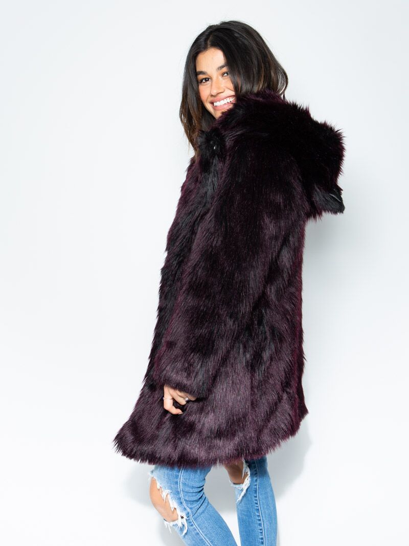 Female Wearing Classic Sangria Wolf CE Faux Fur Coat *Unisex* 