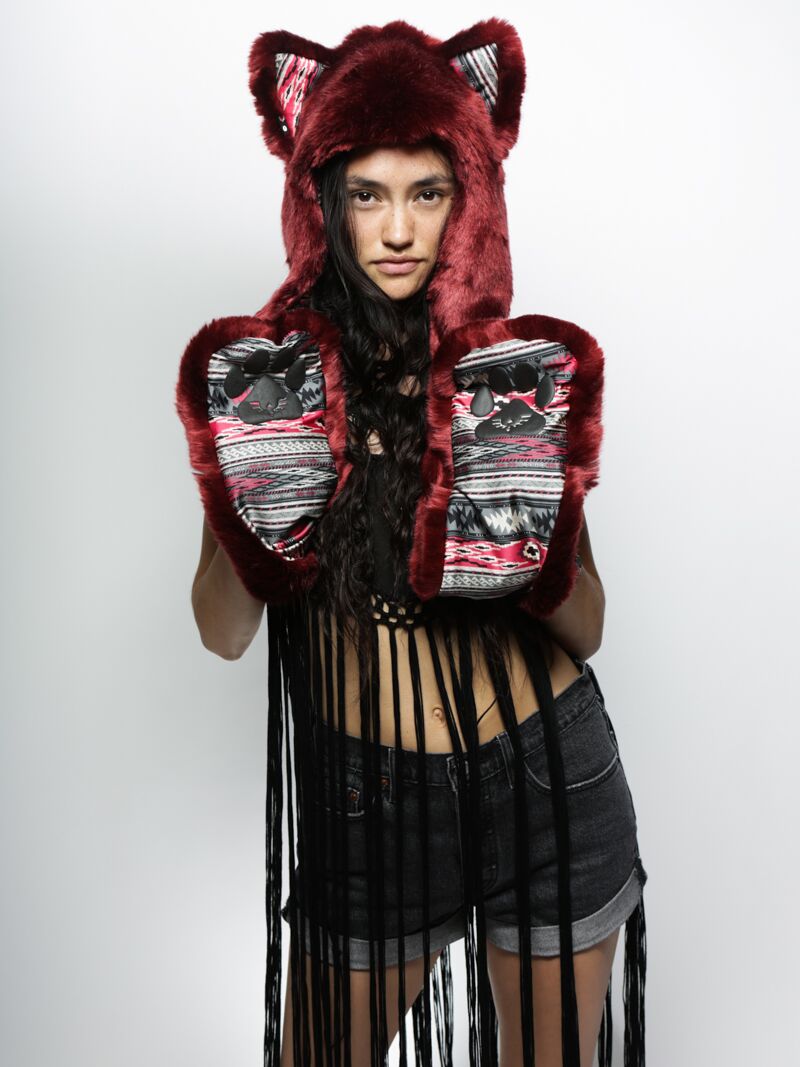 Woman wearing faux fur Collector Edition Fire Wolf SpiritHoods, front view 2
