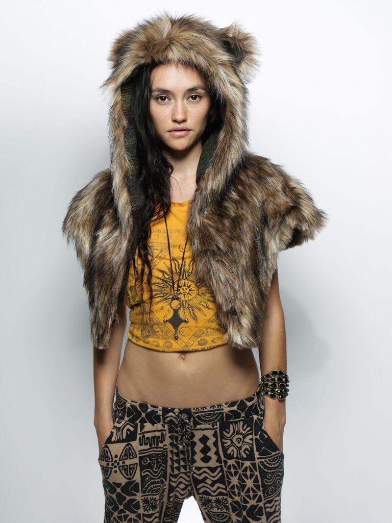Brown SpiritHoods Grizzly Italy Faux Fur Shawl on Female