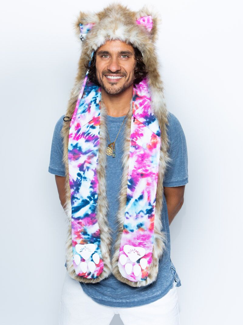 Man wearing faux fur Catleidoscope Collector Edition SpiritHood, front view 1