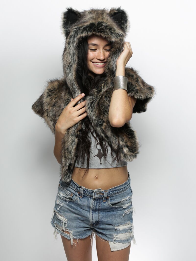 Woman Wearing Dire Wolf Faux Fur Shawl with Hood