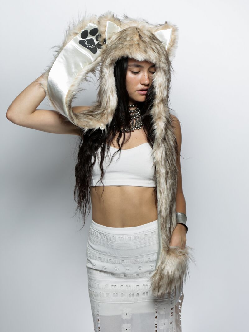 Woman wearing faux fur Platinum Fox CE SpiritHood, front view