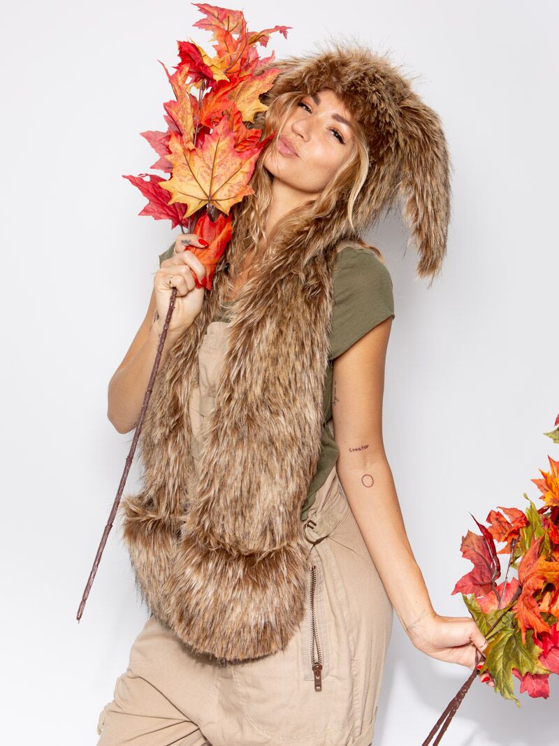 Woman wearing faux fur CinnaBunny Collector Edition SpiritHood, side view 1