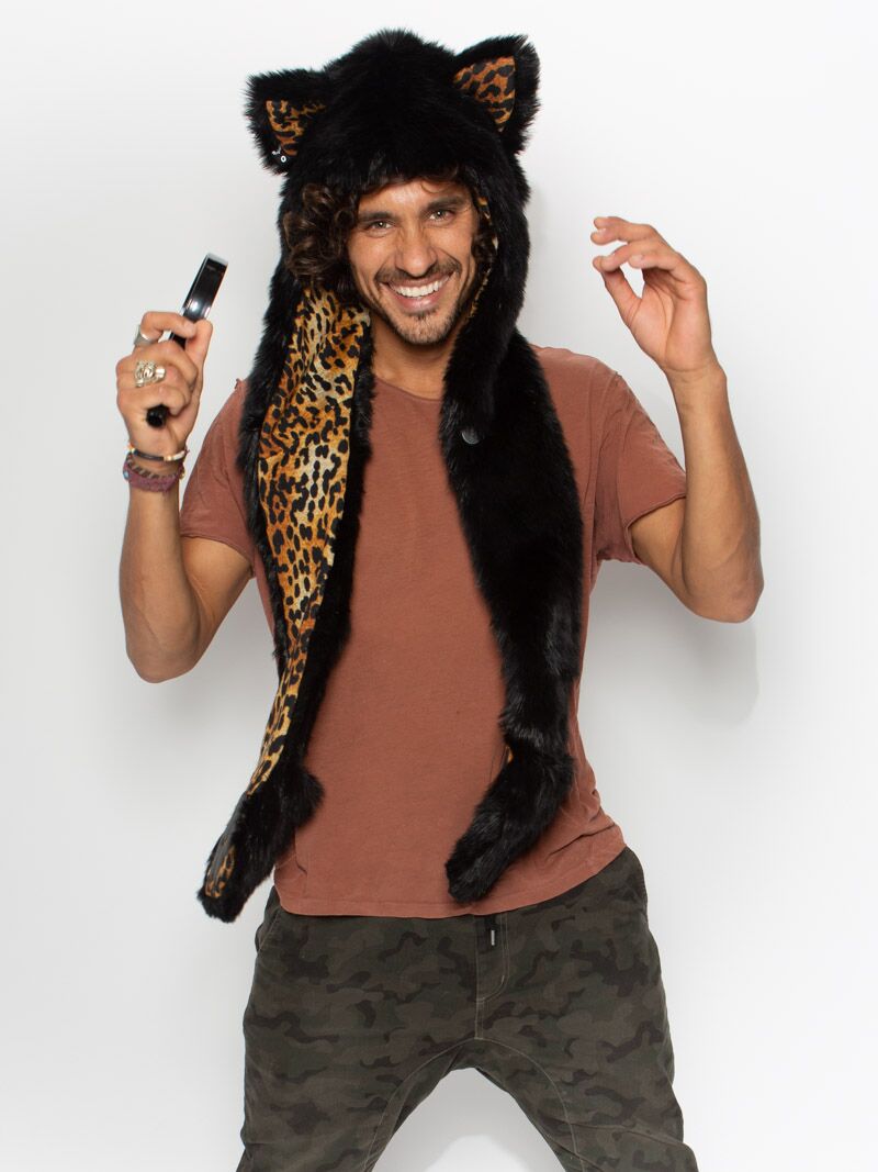Man wearing faux fur Black Cat Collector Edition SpiritHood, front view 4