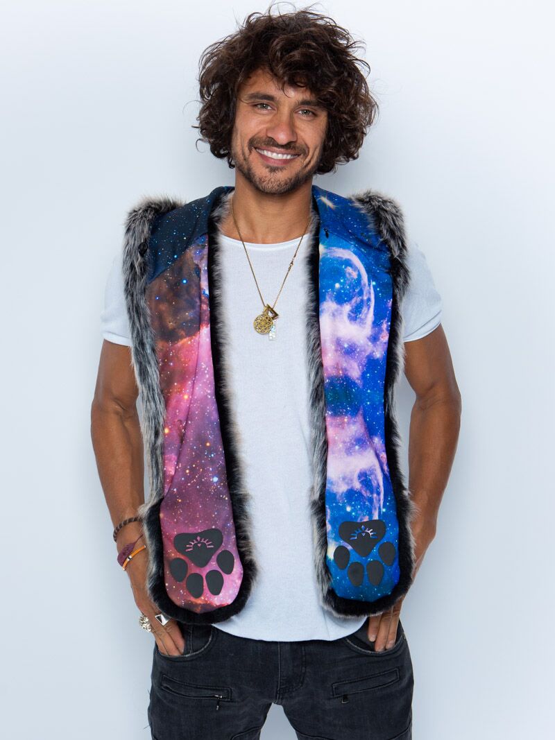 Man wearing faux fur Grey Wolf Galaxy Collector Edition SpiritHood
