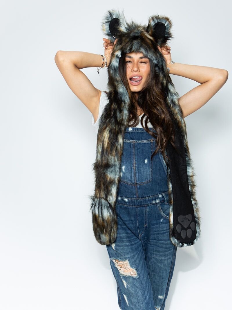 Woman wearing faux fur African Wild Dog Collector SpiritHood
