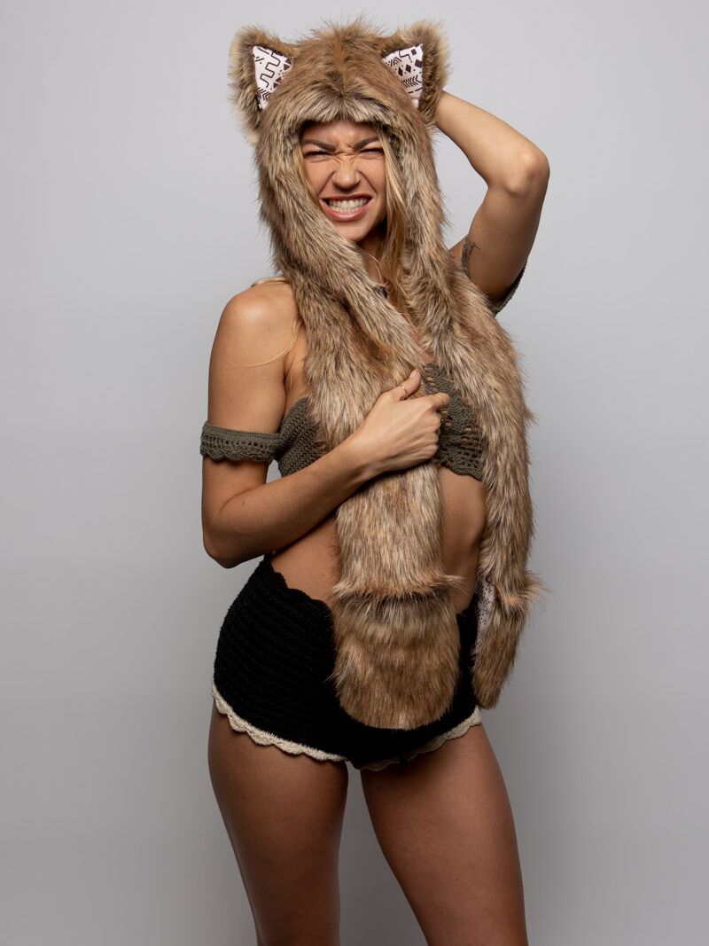 Woman wearing Coyote Collector Edition Faux Fur SpiritHood, front view