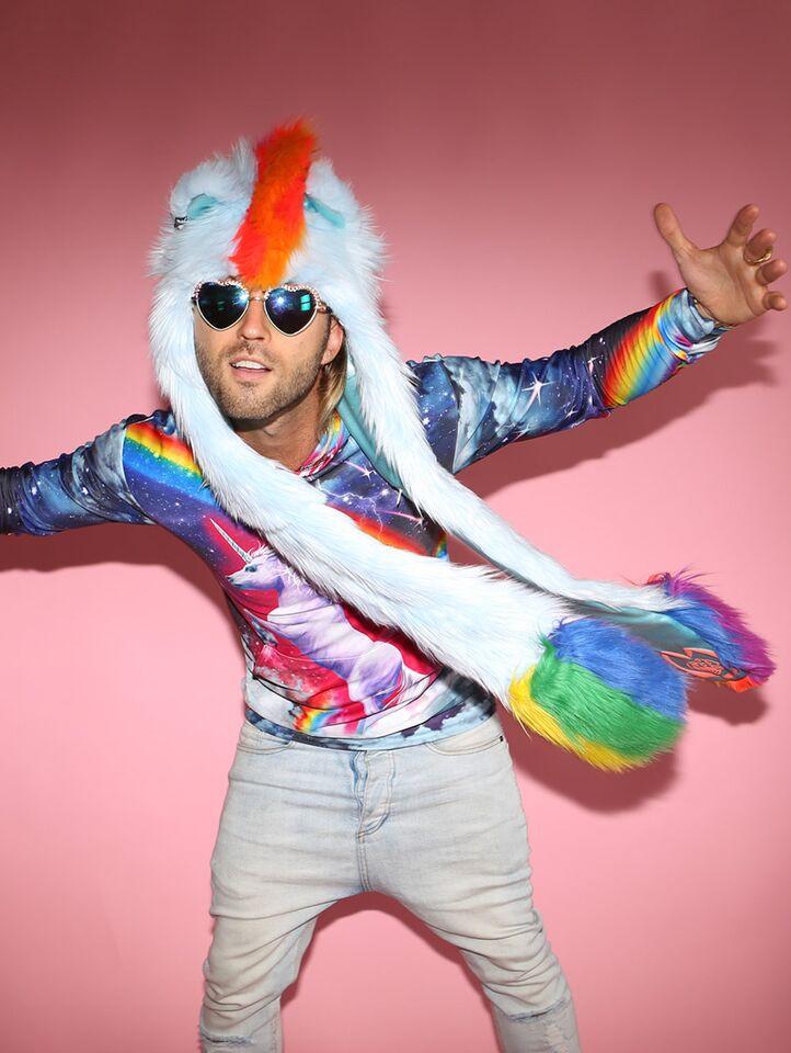 Man wearing faux fur My Little Pony Rainbow Dash SpiritHood